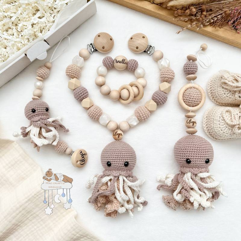 Personalisiert Qualle Sparset Kinderwagenkette Anhänger Schnullerkette Geburtsgeschenk Taufe Babyshower von Etsy - HACCraftsLittle