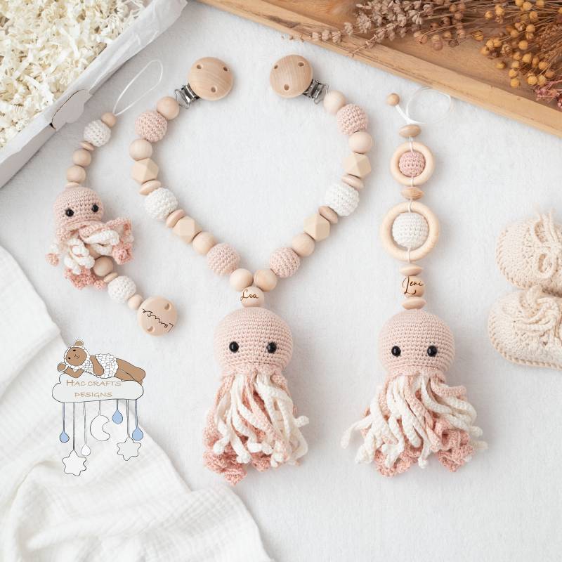Personalisiert Qualle Sparset Kinderwagenkette Anhänger Schnullerkette Geburtsgeschenk Taufe Babyshower von Etsy - HACCraftsLittle