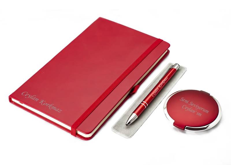 Personalisiertes Notizbuch, Stift Und Spiegel Set - Rot/Personalisierter Name Graviert von Etsy - HEDIYESHOP