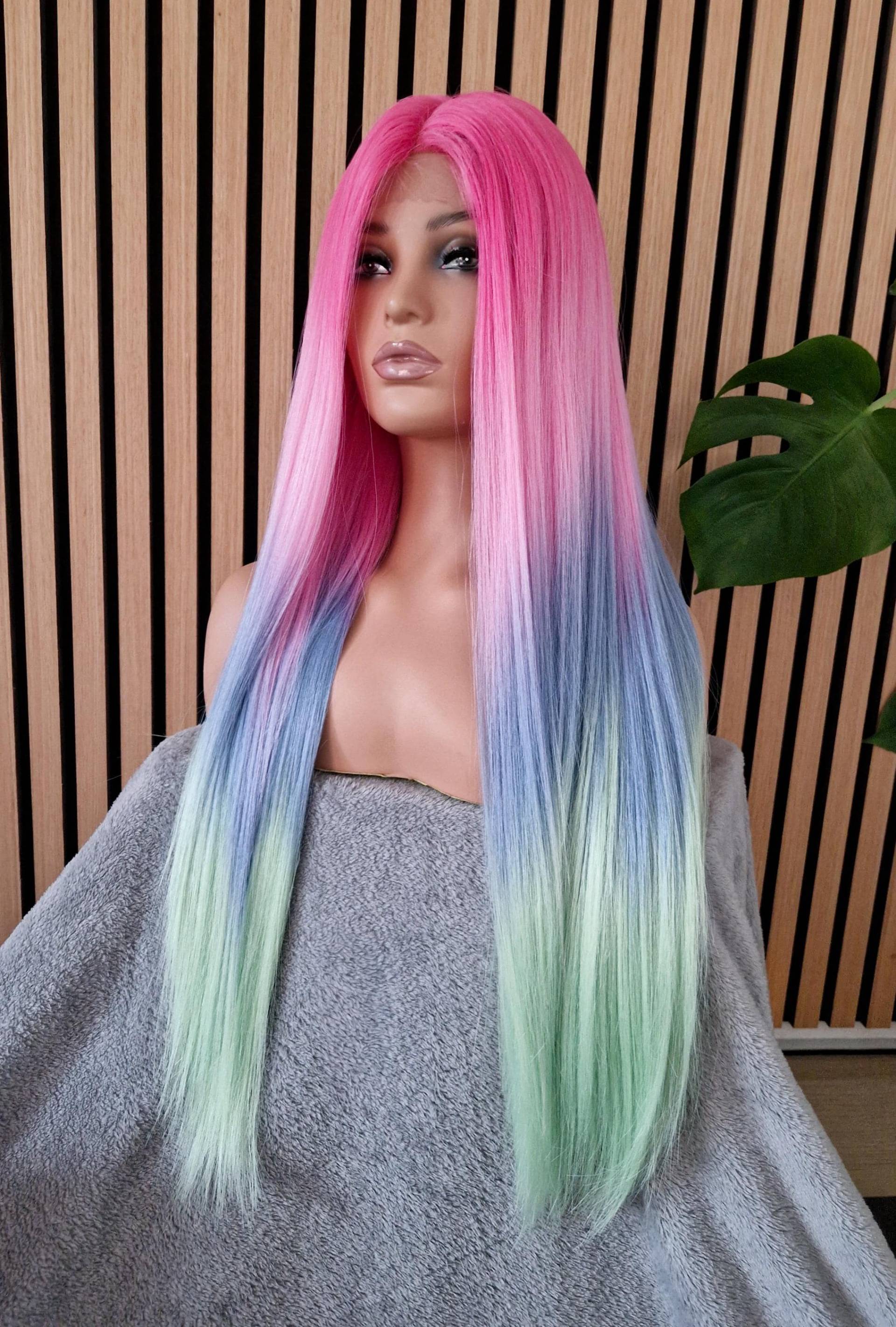 Cosplay Perücke, Perücken, Mlp, Emo Haar, Lace Front Ziehen Sie Königin Ombre Rosa Blaue Grüne Party Perücke von Etsy - HairyBerrysWigs
