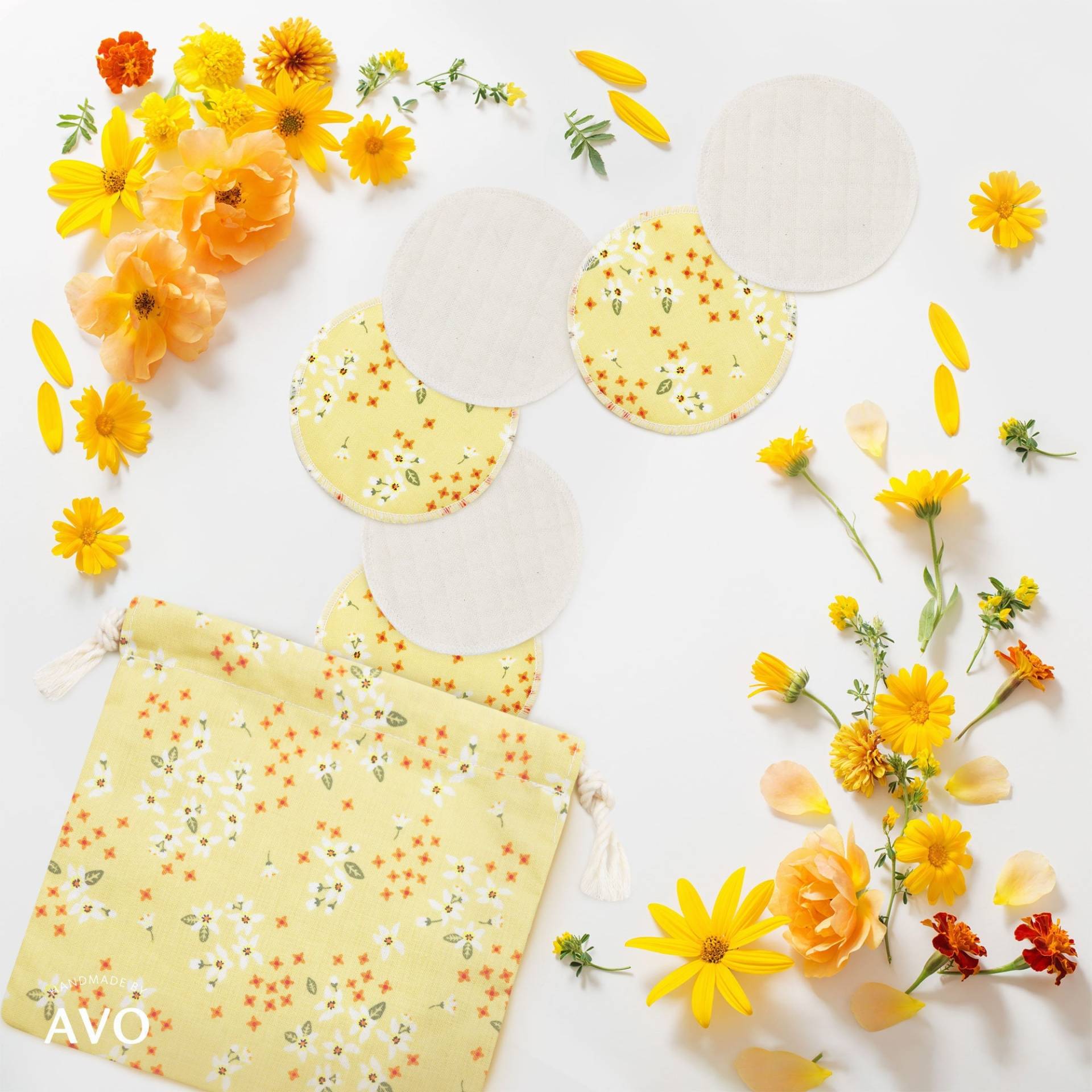 Gelbe Blumen Wiederverwendbare Bio-Baumwollpads, Bio-Gesichtsrunden, Gesichtspads, Baumwollbeutel von Etsy - HandmadeByAVO