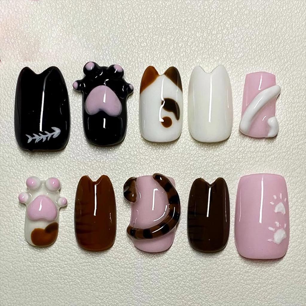 3D Cat Paw Press On Nails | Cute Kitten Ear & Tail Art Brown Black Pink Kawaii Gel Handmade Pet Lover Gift von Etsy - HandmadeByDanaLukes