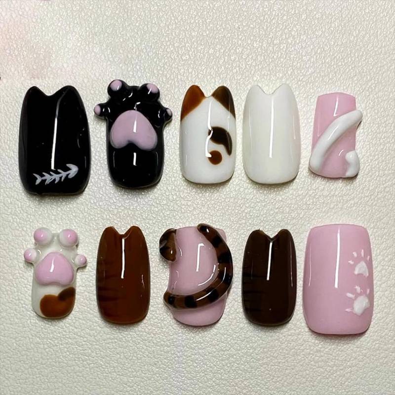 3D Cat Paw Press On Nails | Cute Kitten Ear & Tail Art Brown Black Pink Kawaii Gel Handmade Pet Lover Gift von Etsy - HandmadeByDanaLukes