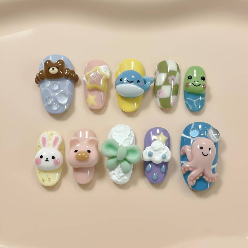 3D Kawaii Nail Charms/Press On Nails | Cute Animal & Cloud Design Handmade Gel Art Set Fun Cartoon Gift For Her von Etsy - HandmadeByDanaLukes