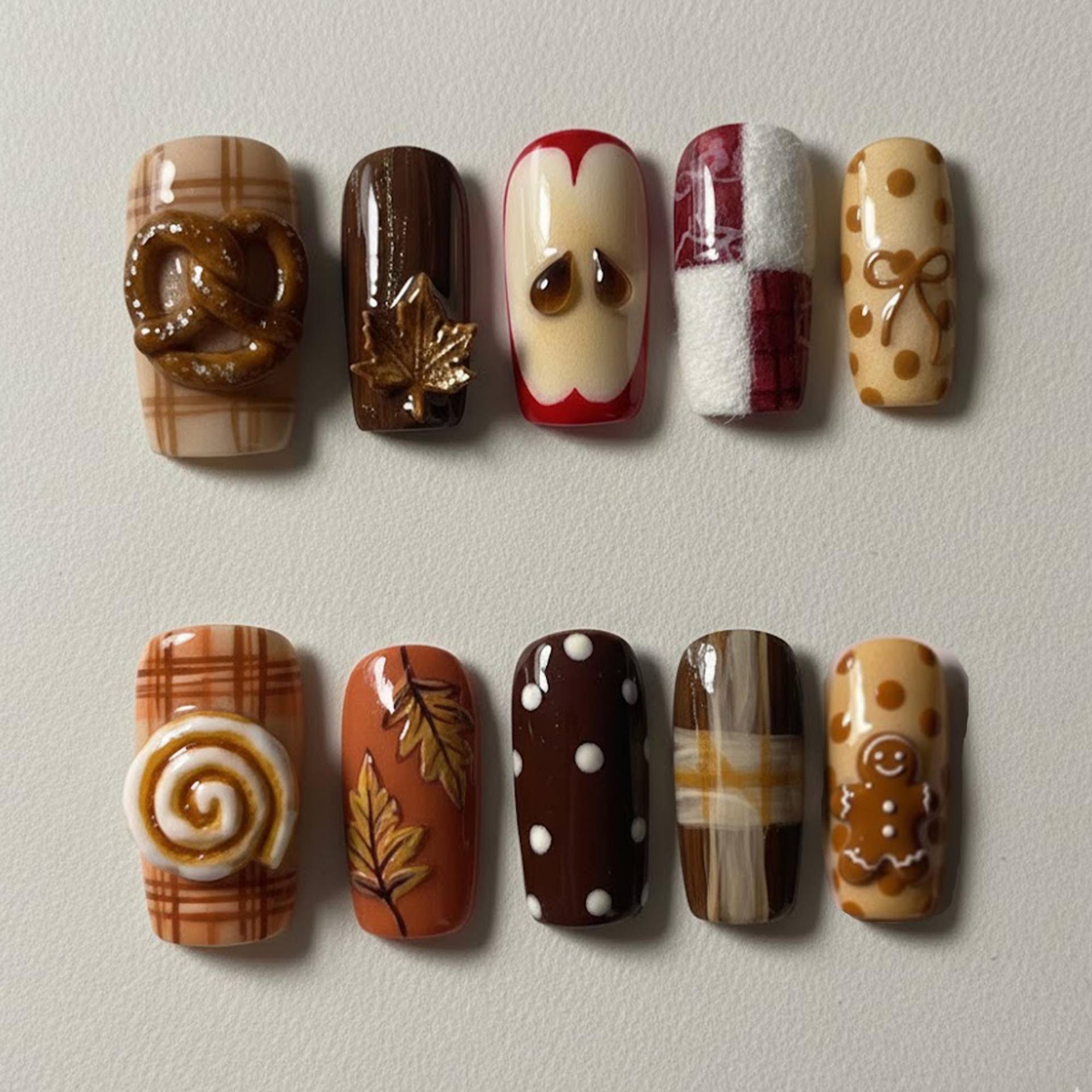 Autumn Fall Press On Nails Set Plaid Ginger Cookie Pretzel Apple Cinnamon Roll Brown Orange Winter Food Fake Nail von Etsy - HandmadeByDanaLukes
