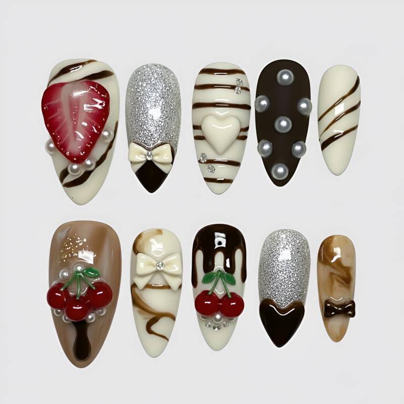 Chocolate Drip Press On Nails | Cute Strawberry Cherry Dessert Nail Art Brown & White 3D Kawaii Gel Sweet Foodie Gift von Etsy - HandmadeByDanaLukes
