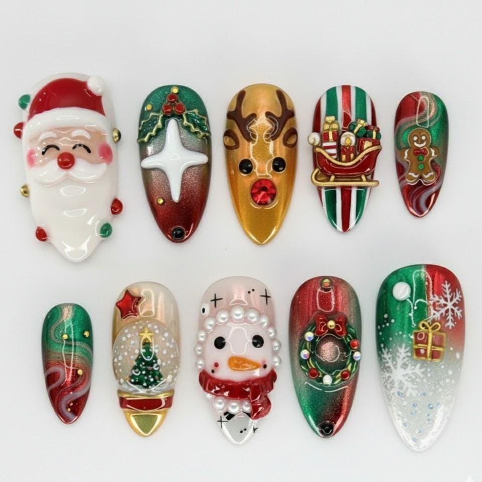 Christmas Press On Nails Set 3D Santa Reindeer Snowman Sleigh Wreath Gingerbread Red Green Winter Fake Christmas Press On Nails Set 3D Santa Reindeer Snowman Sleigh Wreath Gingerbread Red Green Winter Fake von Etsy - HandmadeByDanaLukes