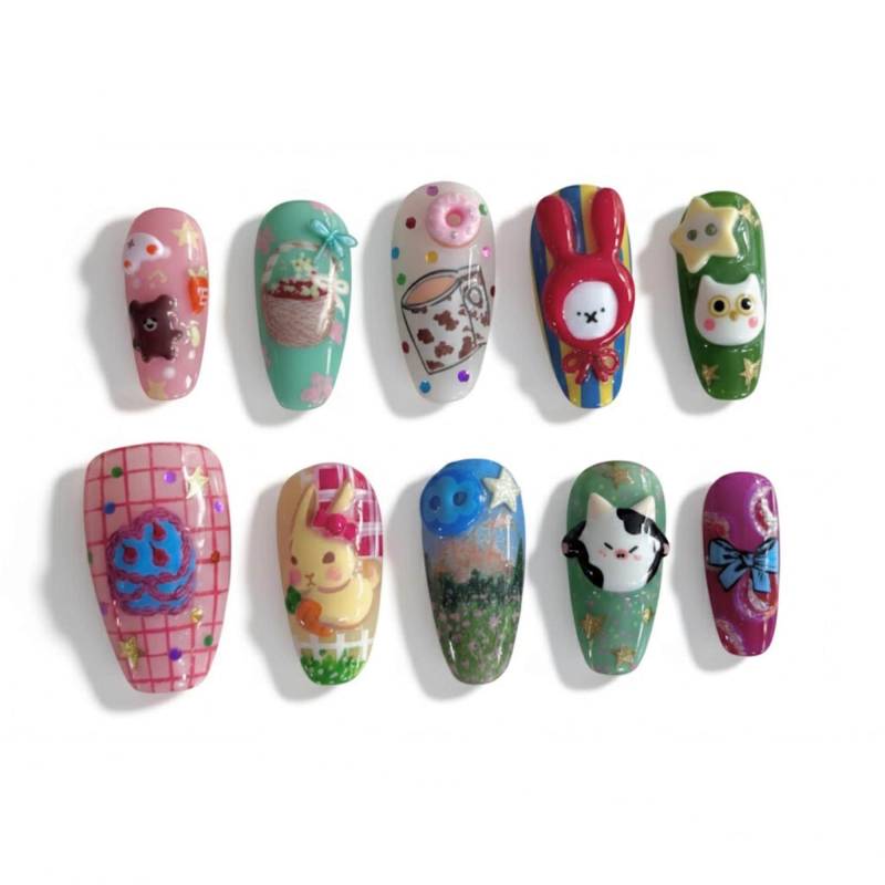 Cute 3D Kawaii Nail Art Press On Set Vintage Decora Y2K Style Bear Bunny Cat Owl Donut Milk Tea Charm Fake Nails von Etsy - HandmadeByDanaLukes
