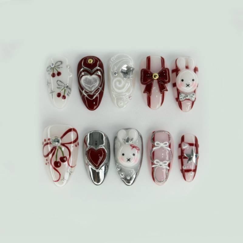Cute Coquette Kawaii Press On Nails Set 3D Bunny Heart Chrome Cherry Bow Tie Red Burgundy White Silver Fake Cute Coquette Kawaii Press On Nails Set 3D Bunny Heart Chrome Cherry Bow Tie Red Burgundy White Silver Fake von Etsy - HandmadeByDanaLukes