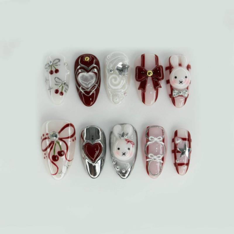 Cute Coquette Kawaii Press On Nails Set 3D Bunny Heart Chrome Cherry Bow Tie Red Burgundy White Silver Fake von Etsy - HandmadeByDanaLukes