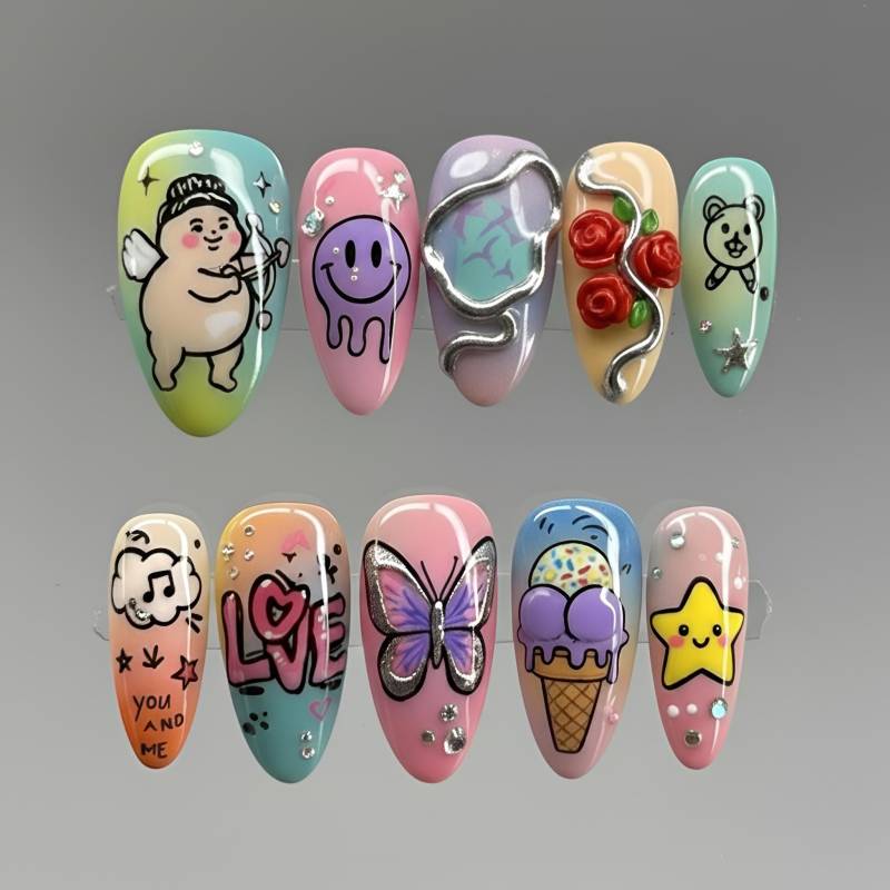 Cute Press On Nails | 3D Kawaii Nail Art Set Y2K Aesthetic Funny Cartoon Gel Manicure Long Coffin Gift For Her von Etsy - HandmadeByDanaLukes