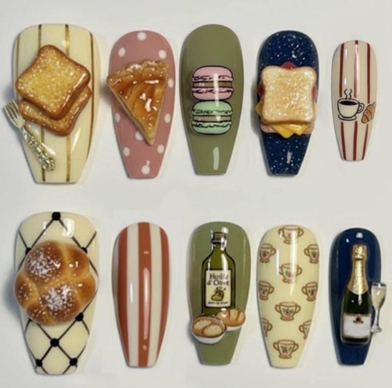 French Food Press On Nails Set 3D Macaron Croissant Sandwich Pie Toast Olive Oil Wine Bottle Cute Striped Fake von Etsy - HandmadeByDanaLukes