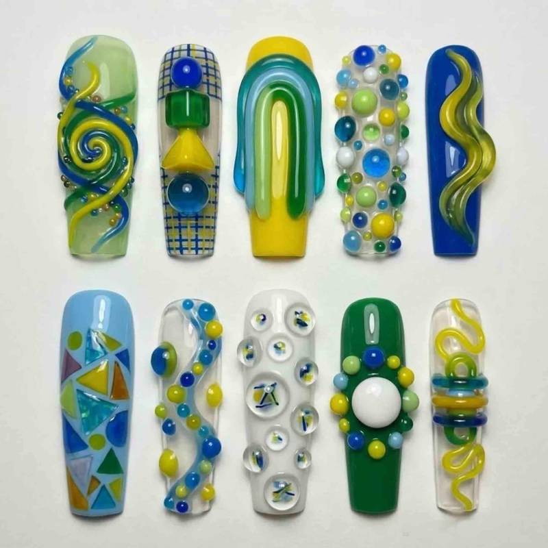 Handmade 3D Abstract Pop Art Press On Nails | Sculpted Geometrics, Squiggles & Bulbs Long Square For Funky Artsy Vibe von Etsy - HandmadeByDanaLukes