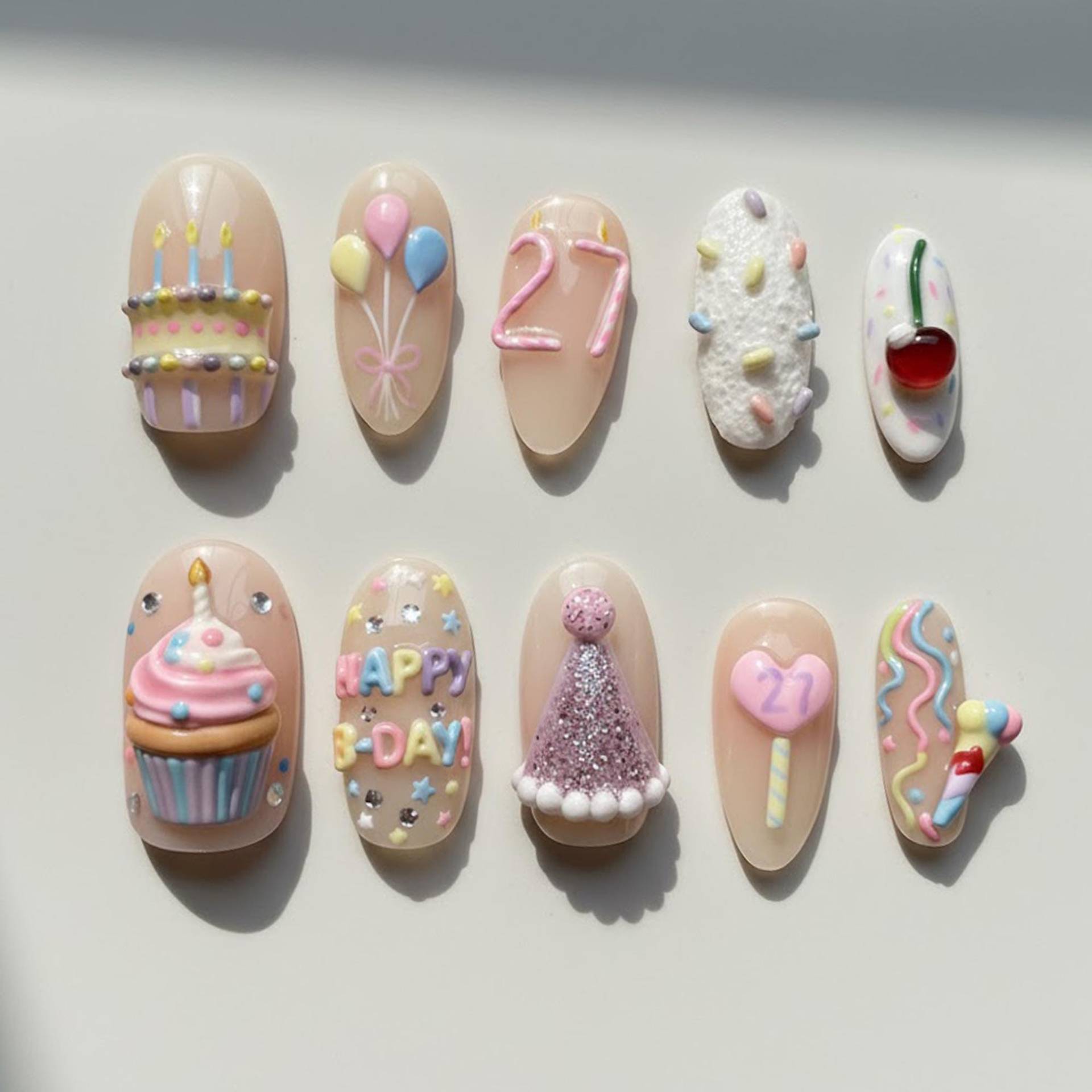 Handmade 3D Birthday Cake Press On Nails | Cute Pastel Party Nail Set Kawaii Cupcake, Glitter Hat & Balloon Art Handmade 3D Birthday Cake Press On Nails | Cute Pastel Party Nail Set Kawaii Cupcake, Glitter Hat & Balloon Art von Etsy - HandmadeByDanaLukes