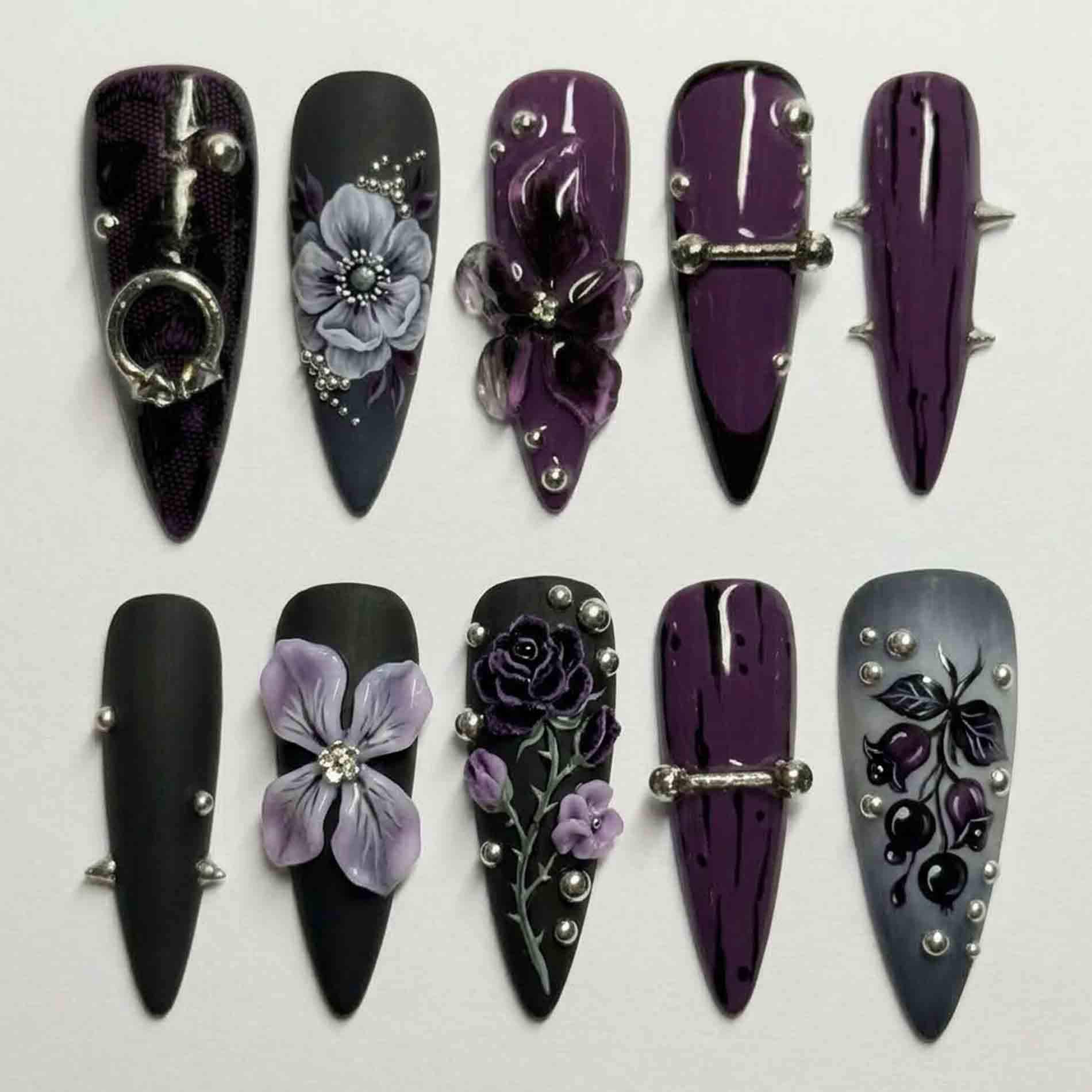 Handmade 3D Gothic Press On Nails | Purple Roses, Sculpted Flowers, Spikes & Silver Piercings Stiletto For Edgy Punk Vibe Handmade 3D Gothic Press On Nails | Purple Roses, Sculpted Flowers, Spikes & Silver Piercings Stiletto For Edgy Punk Vibe von Etsy - HandmadeByDanaLukes