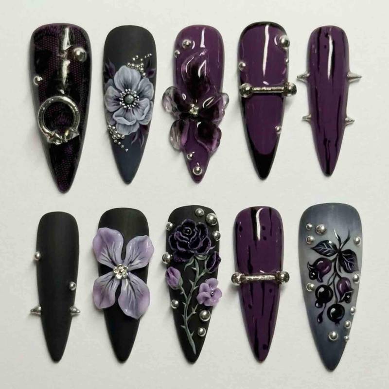 Handmade 3D Gothic Press On Nails | Purple Roses, Sculpted Flowers, Spikes & Silver Piercings Stiletto For Edgy Punk Vibe Handmade 3D Gothic Press On Nails | Purple Roses, Sculpted Flowers, Spikes & Silver Piercings Stiletto For Edgy Punk Vibe von Etsy - HandmadeByDanaLukes