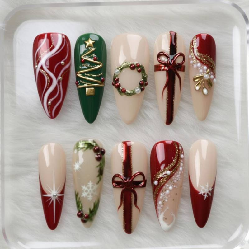 Handmade 3D Luxury Christmas Press On Nails | Elegant Red & Green Holiday Nail Set Gold Wreath, Ribbon Bow Xmas Tree Art Handmade 3D Luxury Christmas Press On Nails | Elegant Red & Green Holiday Nail Set Gold Wreath, Ribbon Bow Xmas Tree Art von Etsy - HandmadeByDanaLukes