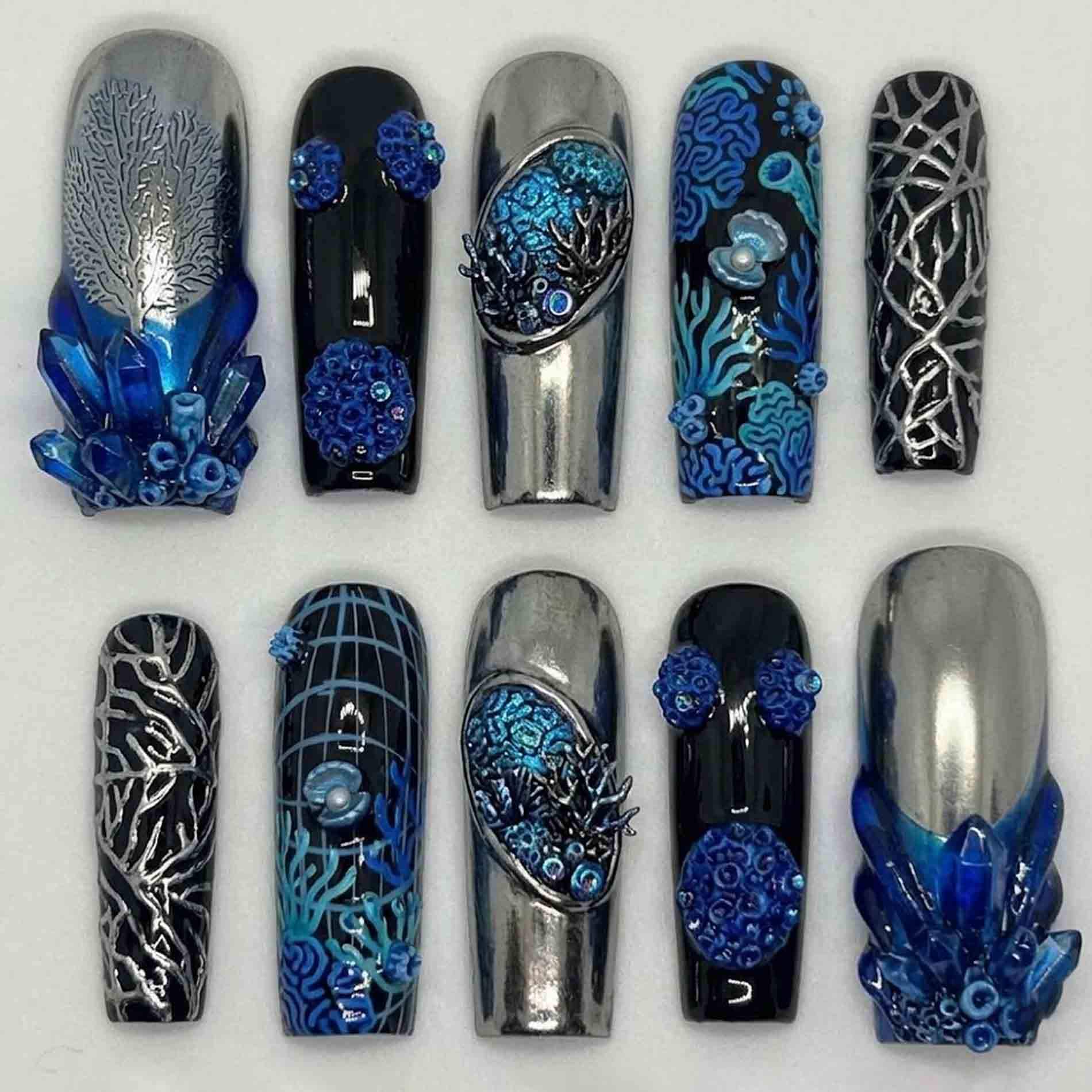 Handmade Abyssal Ocean Press-On Nails | 3D Blue Crystals, Coral, Metal & Dark Art Long Square For Mermaid Vibe Handmade Abyssal Ocean Press-On Nails | 3D Blue Crystals, Coral, Metal & Dark Art Long Square For Mermaid Vibe von Etsy - HandmadeByDanaLukes