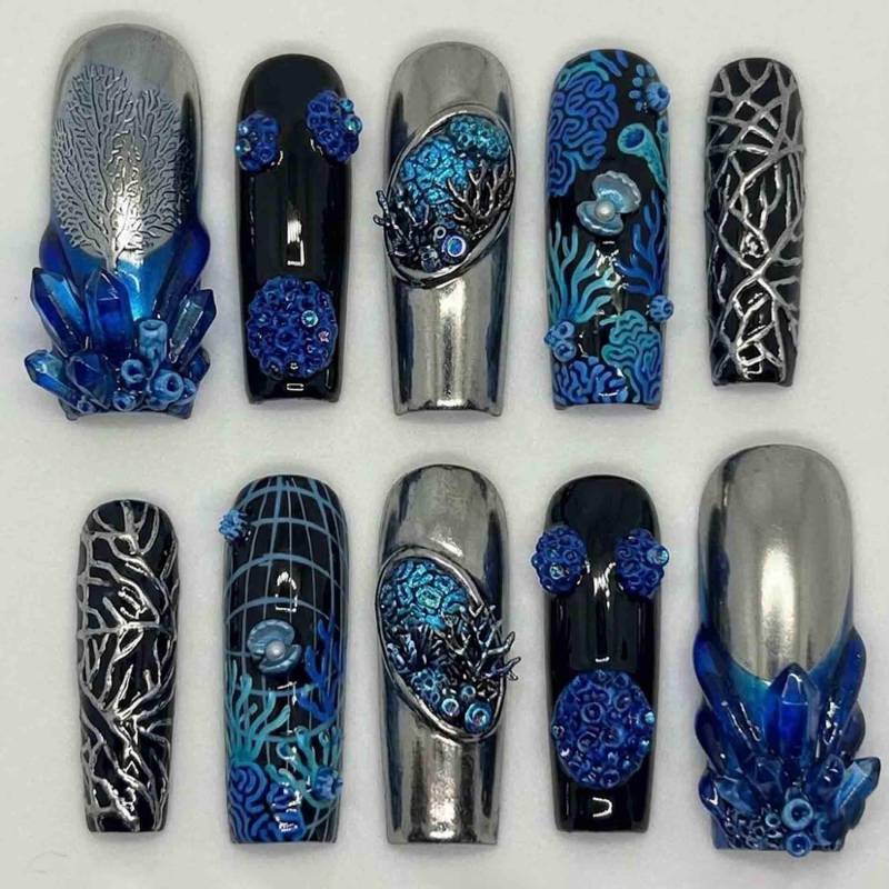 Handmade Abyssal Ocean Press-On Nails | 3D Blue Crystals, Coral, Metal & Dark Art Long Square For Mermaid Vibe von Etsy - HandmadeByDanaLukes