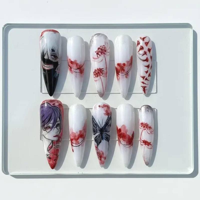 Handmade Anime Red Spider Lily Press On Nails | Gothic Butterfly & Dark Art Design Elegant White Gradient Set von Etsy - HandmadeByDanaLukes