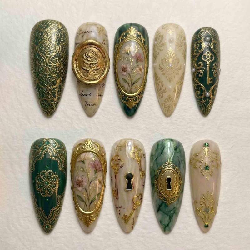 Handmade Antique Garden Press On Nails | 3D Gold Rose Seal, Keyholes & Floral Filigree Long Oval For Dark Academy Aesthetic Handmade Antique Garden Press On Nails | 3D Gold Rose Seal, Keyholes & Floral Filigree Long Oval For Dark Academy Aesthetic von Etsy - HandmadeByDanaLukes