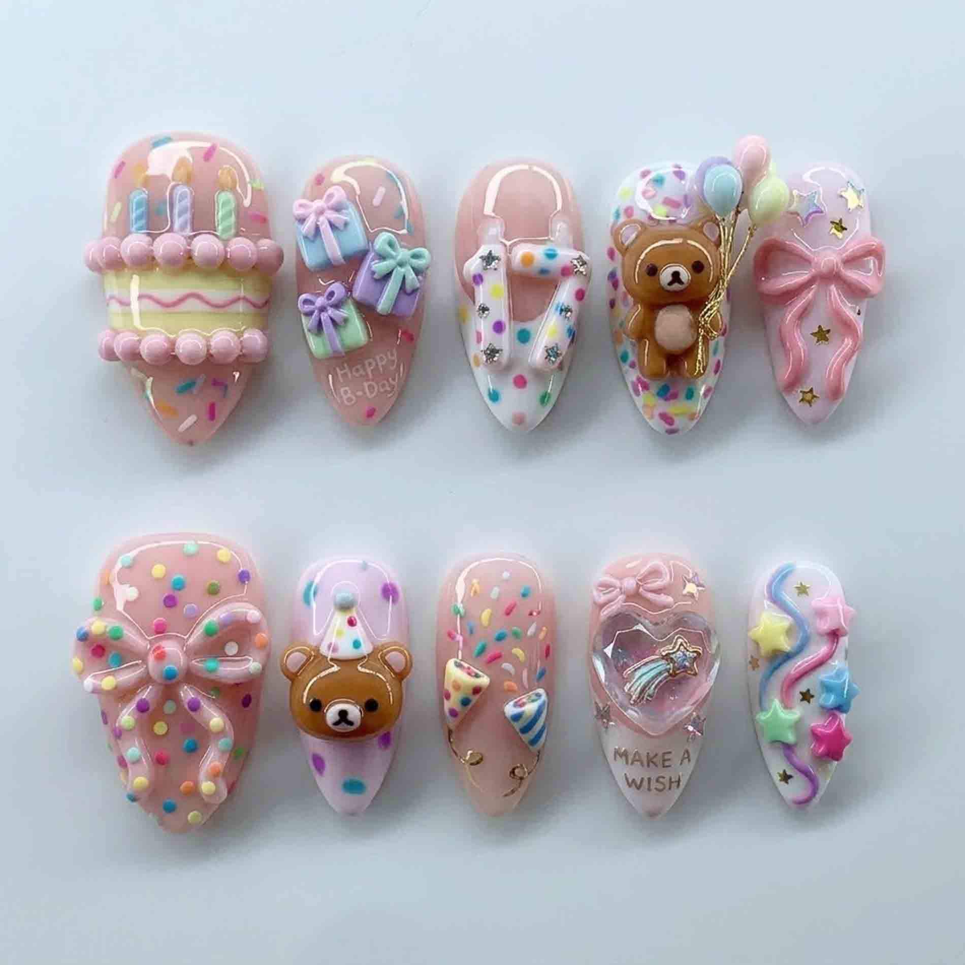 Handmade Birthday Bear Press On Nails | 3D Sculpted Cake, Gift, & Balloon Design Almond For Cute Celebration Aesthetic von Etsy - HandmadeByDanaLukes