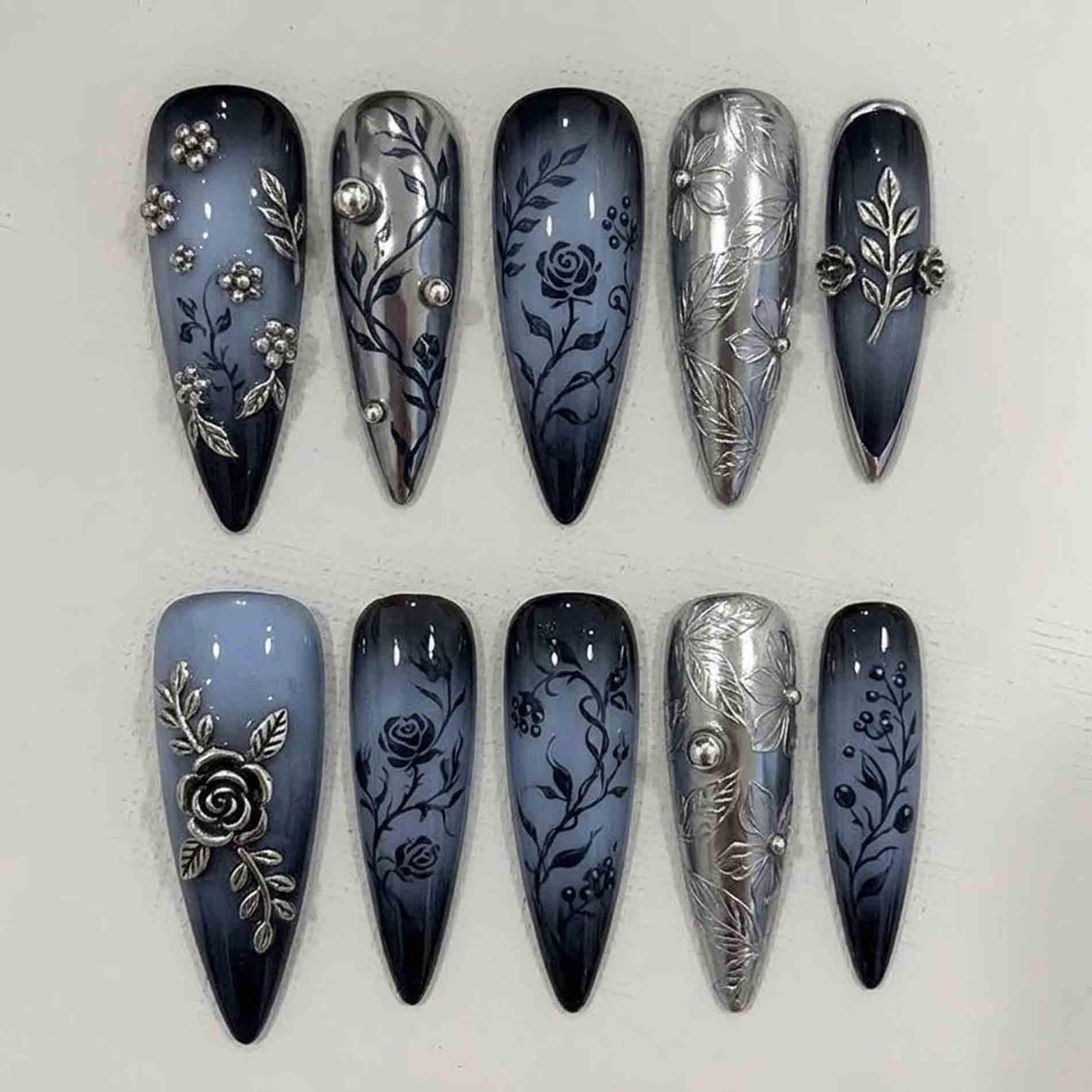 Handmade Black & Silver Press On Nails | Chrome Floral, Rhinestone Accents Stiletto For Dark Elegant Glam von Etsy - HandmadeByDanaLukes