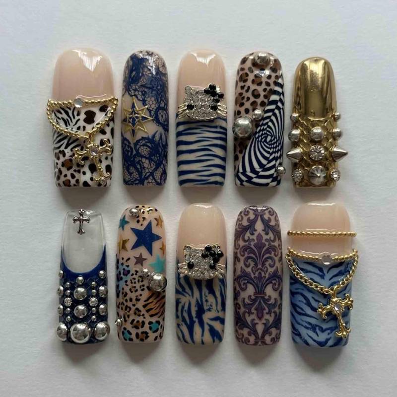 Handmade Blue Gold Gothic Press On Nails | Cross, Cat, Zebra, Leopard & Star Charms Long Square For Luxury Punk Aesthetic Handmade Blue Gold Gothic Press On Nails | Cross, Cat, Zebra, Leopard & Star Charms Long Square For Luxury Punk Aesthetic von Etsy - HandmadeByDanaLukes