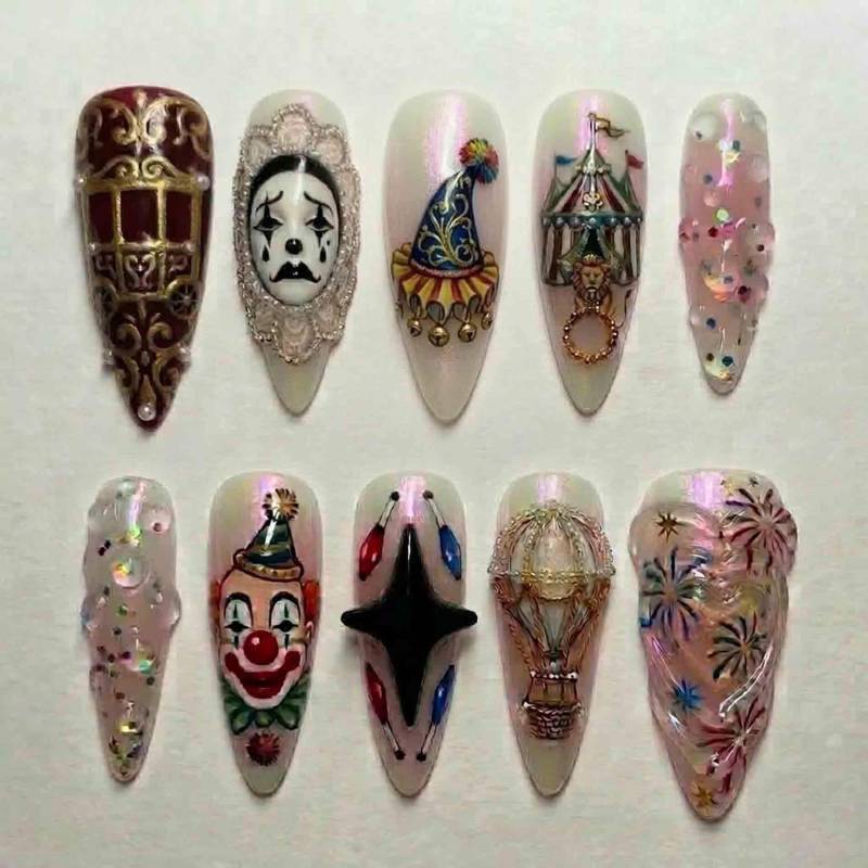 Handmade Carnival Clown Press On Nails | Circus Tent, Clown, Balloon & Firework Design Almond For Vintage Aesthetic von Etsy - HandmadeByDanaLukes