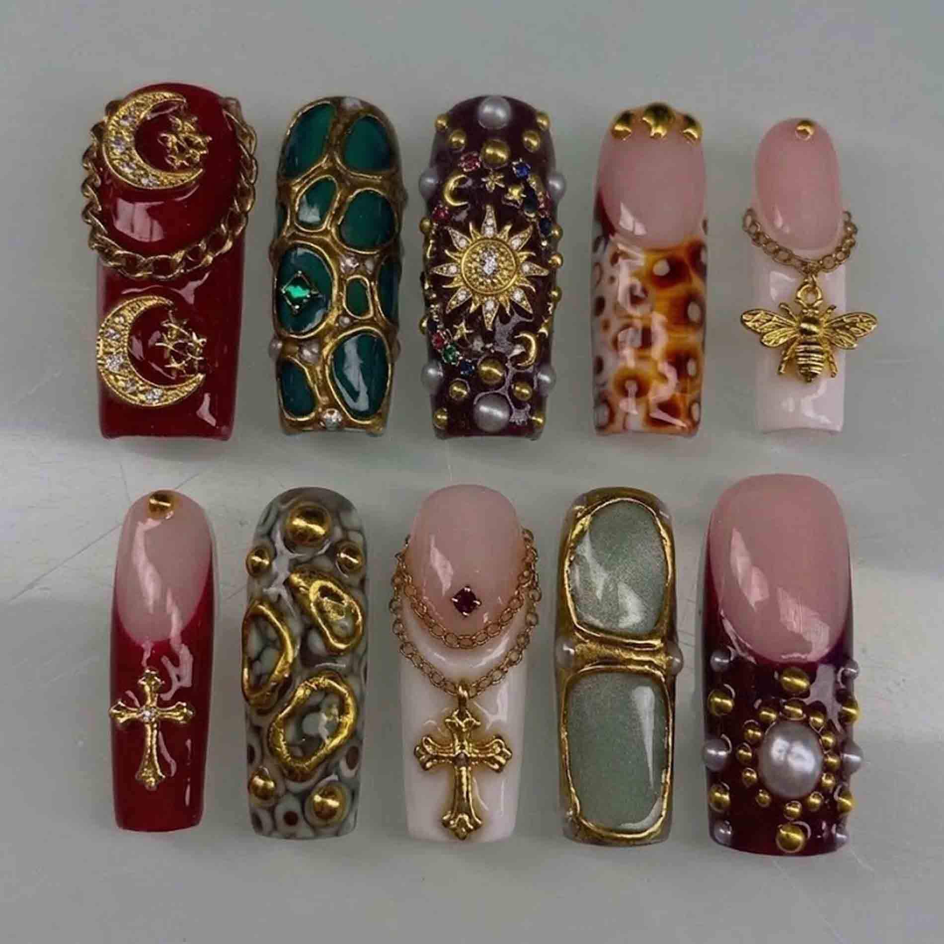Handmade Celestial Gothic Press On Nails | 3D Gold Sun, Moon, Cross, Bee Charms, Emerald Gem Long Square For Vintage Royal Aesthetic Handmade Celestial Gothic Press On Nails | 3D Gold Sun, Moon, Cross, Bee Charms, Emerald Gem Long Square For Vintage Royal Aesthetic von Etsy - HandmadeByDanaLukes