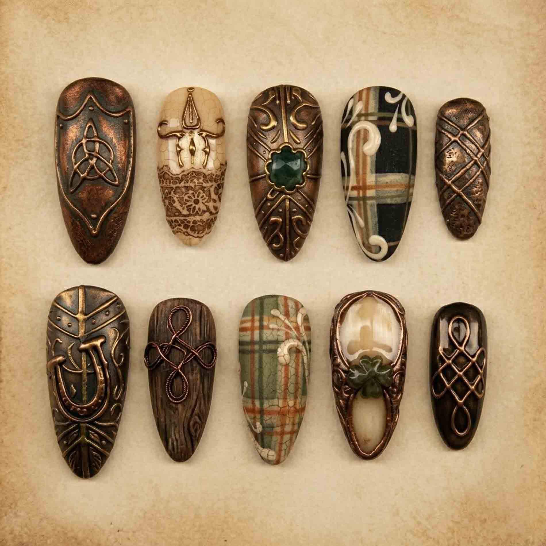 Handmade Celtic Heritage Press On Nails | 3D Bronze Shield, Tartan Plaid, Green Gem & Lace Design Almond For Dark Academy Aesthetic von Etsy - HandmadeByDanaLukes