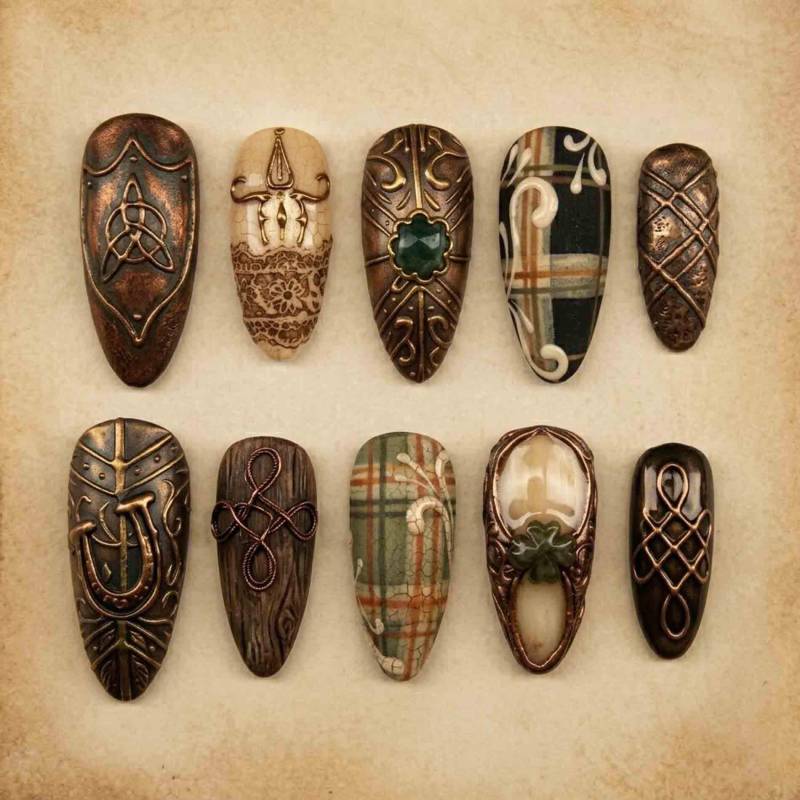 Handmade Celtic Heritage Press On Nails | 3D Bronze Shield, Tartan Plaid, Green Gem & Lace Design Almond For Dark Academy Aesthetic Handmade Celtic Heritage Press On Nails | 3D Bronze Shield, Tartan Plaid, Green Gem & Lace Design Almond For Dark Academy Aesthetic von Etsy - HandmadeByDanaLukes
