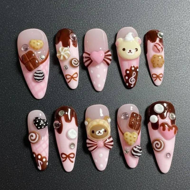 Handmade Chocolate Bear Press On Nails | Rilakkuma Candy Pink Style Cute Dessert 3D Sweets Set von Etsy - HandmadeByDanaLukes