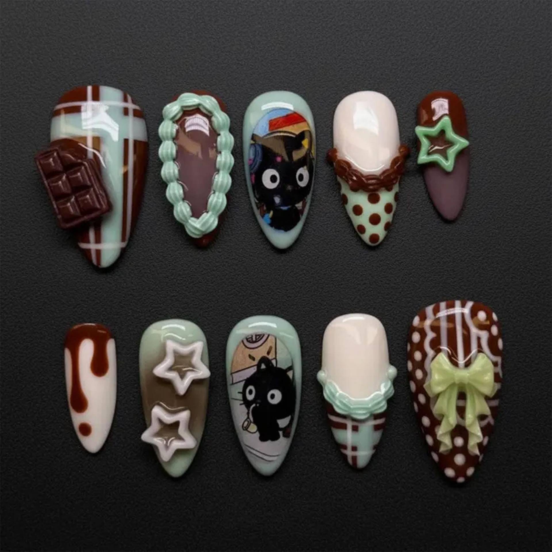 Handmade Chocolate Mint Cat Press On Nails | Cute Jiji Inspired Art 3D Stars & Candy Drip Nail Set von Etsy - HandmadeByDanaLukes