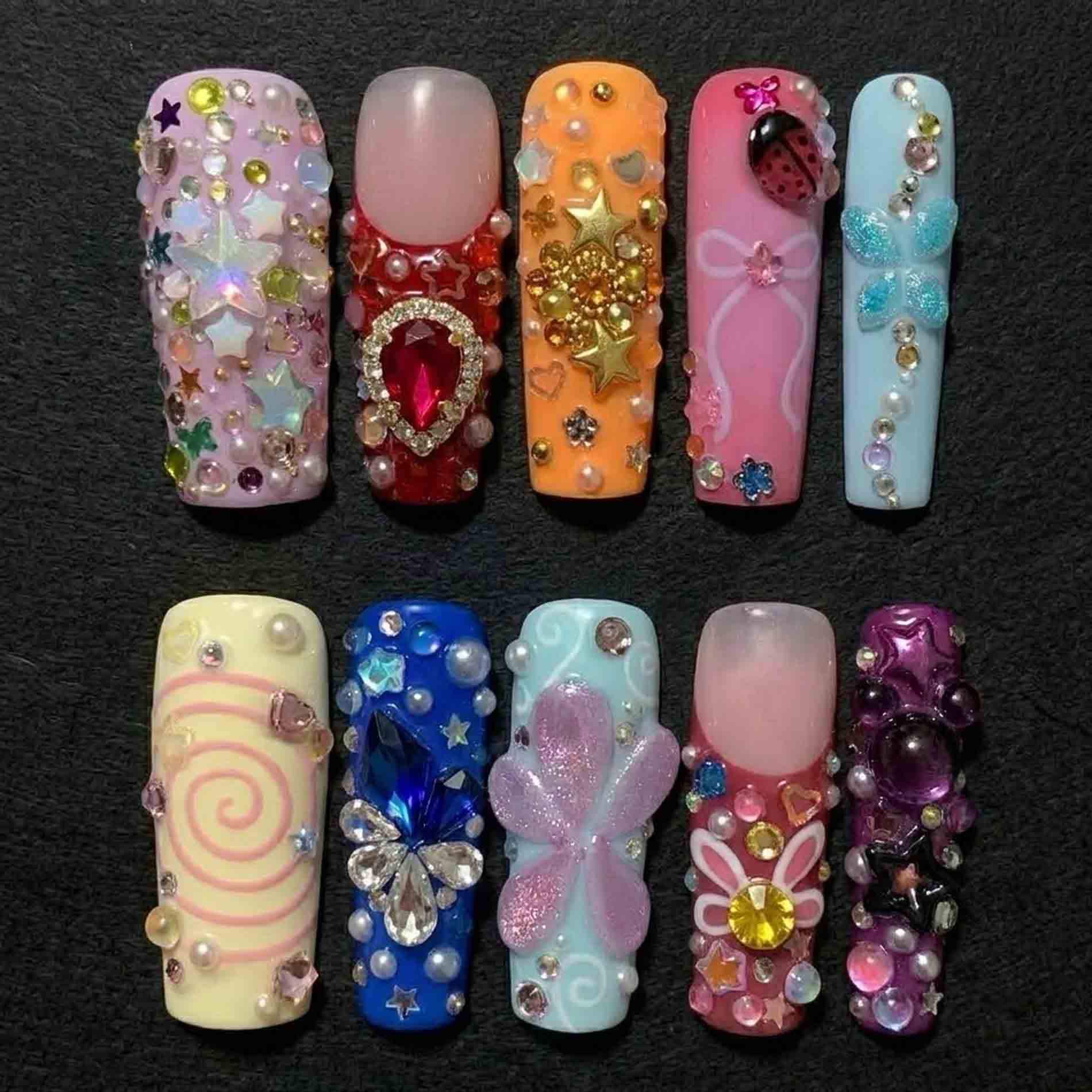 Handmade Colorful 3D Bling Press On Nails | Rhinestone, Star, Butterfly & Gem Charm Design Long Square Y2K Glam Party von Etsy - HandmadeByDanaLukes