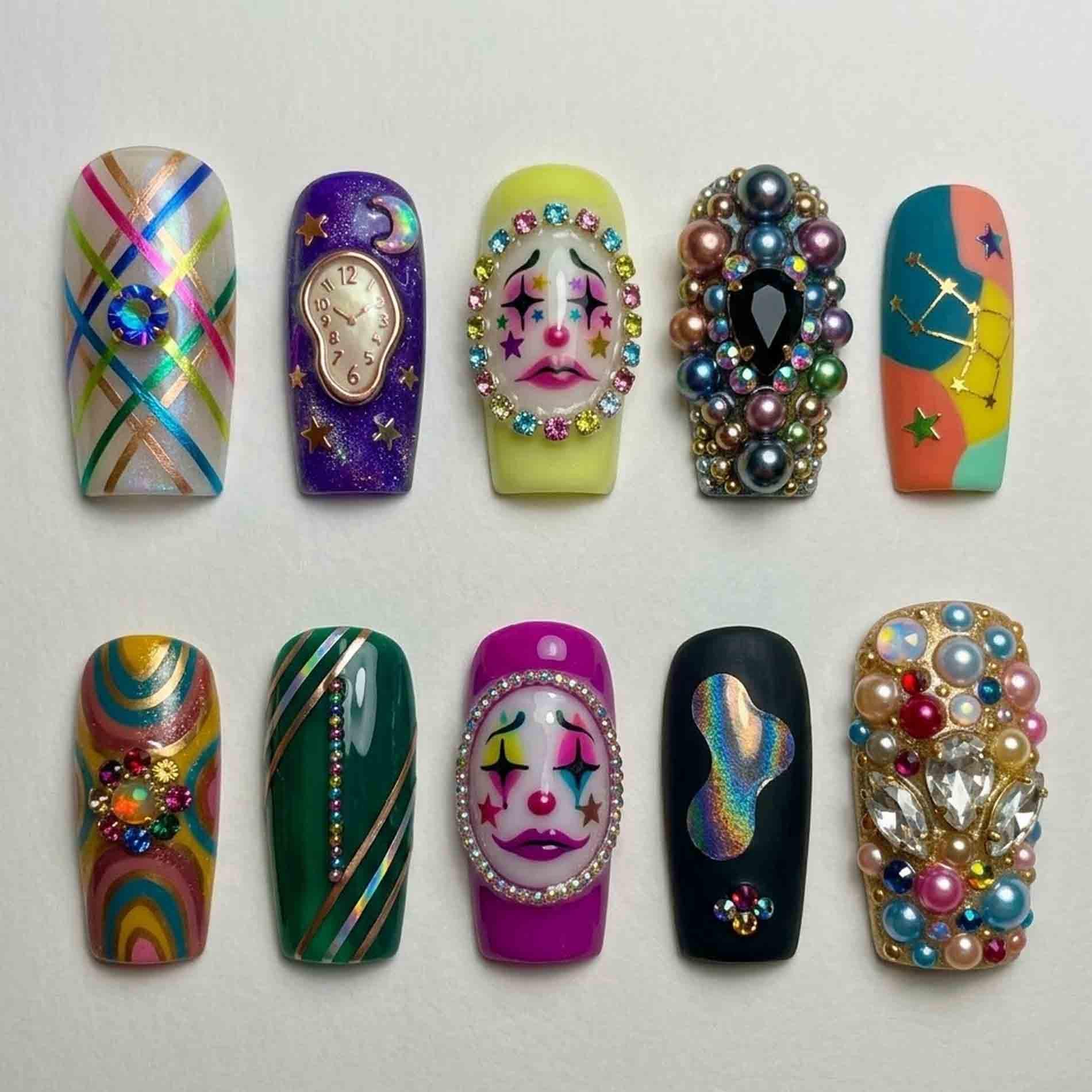 Handmade Colorful Carnival Press On Nails | 3D Clown Face, Clock, Zodiac & Gem Embellished Art Long Square Maximalist Statement von Etsy - HandmadeByDanaLukes