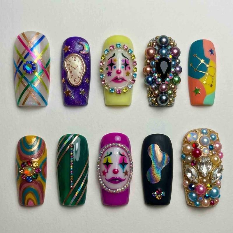 Handmade Colorful Carnival Press On Nails | 3D Clown Face, Clock, Zodiac & Gem Embellished Art Long Square Maximalist Statement von Etsy - HandmadeByDanaLukes