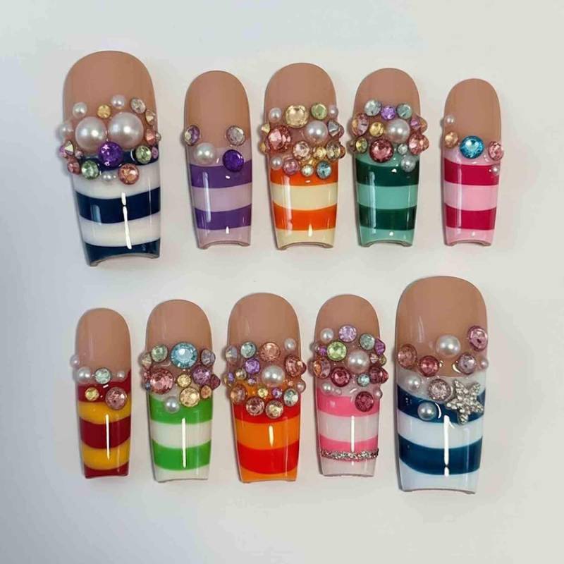 Handmade Colorful Stripe Press On Nails | 3D Rhinestone & Pearl Cluster Art Long Square Summer Statement von Etsy - HandmadeByDanaLukes