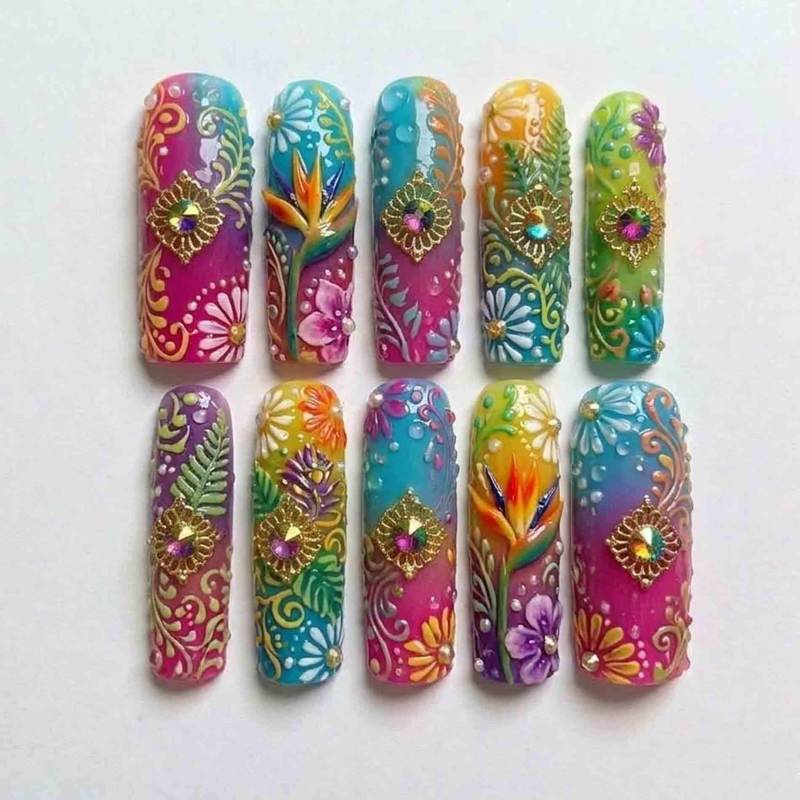 Handmade Colorful Tropical Press On Nails | Bird Of Paradise, Floral & Gold Jewel Design Long Square For Bright Summer Aesthetic von Etsy - HandmadeByDanaLukes