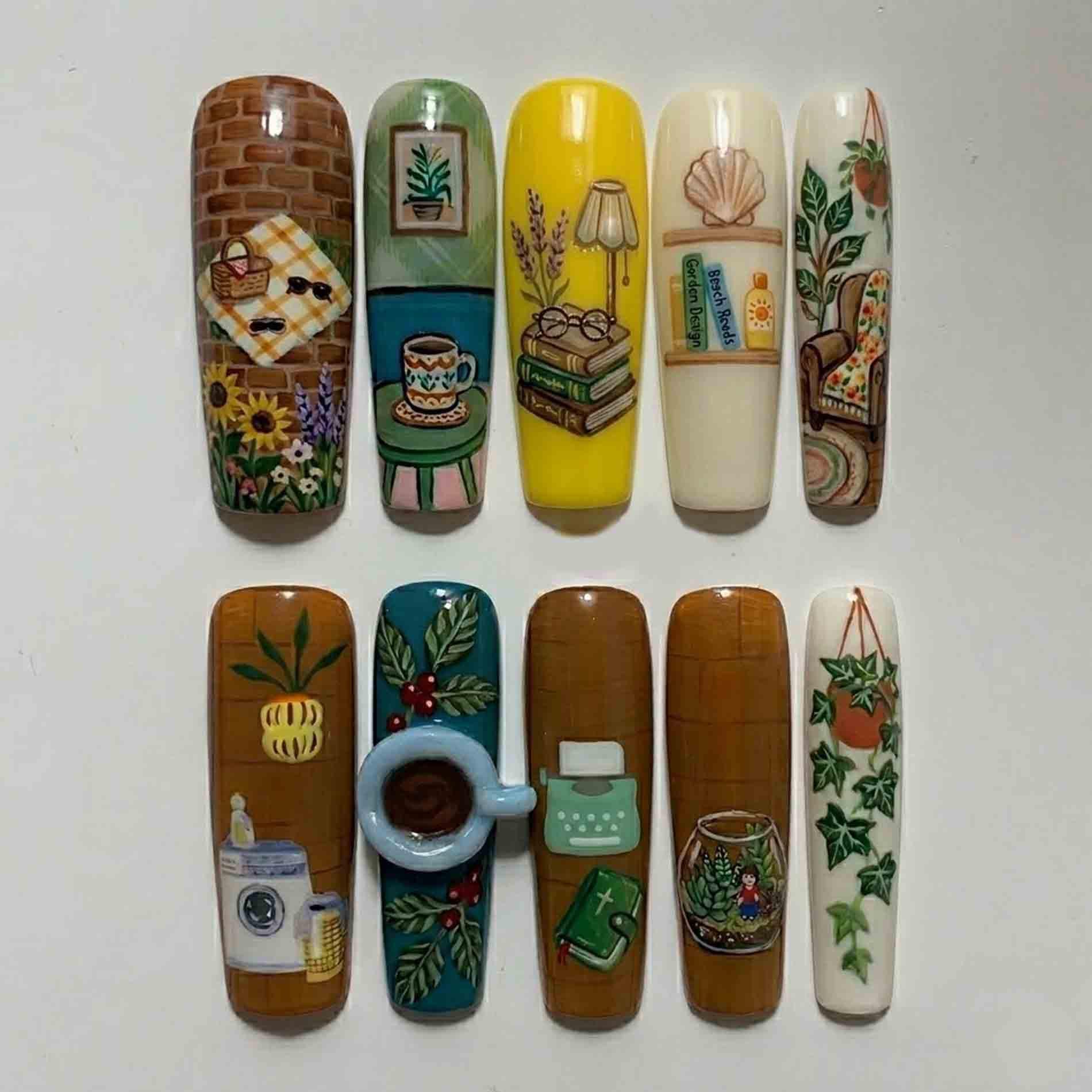 Handmade Cozy Bibliophile Press On Nails | 3D Coffee Cup, Books, Typewriter & Picnic Design Extra Long Square For Homebody Aesthetic von Etsy - HandmadeByDanaLukes
