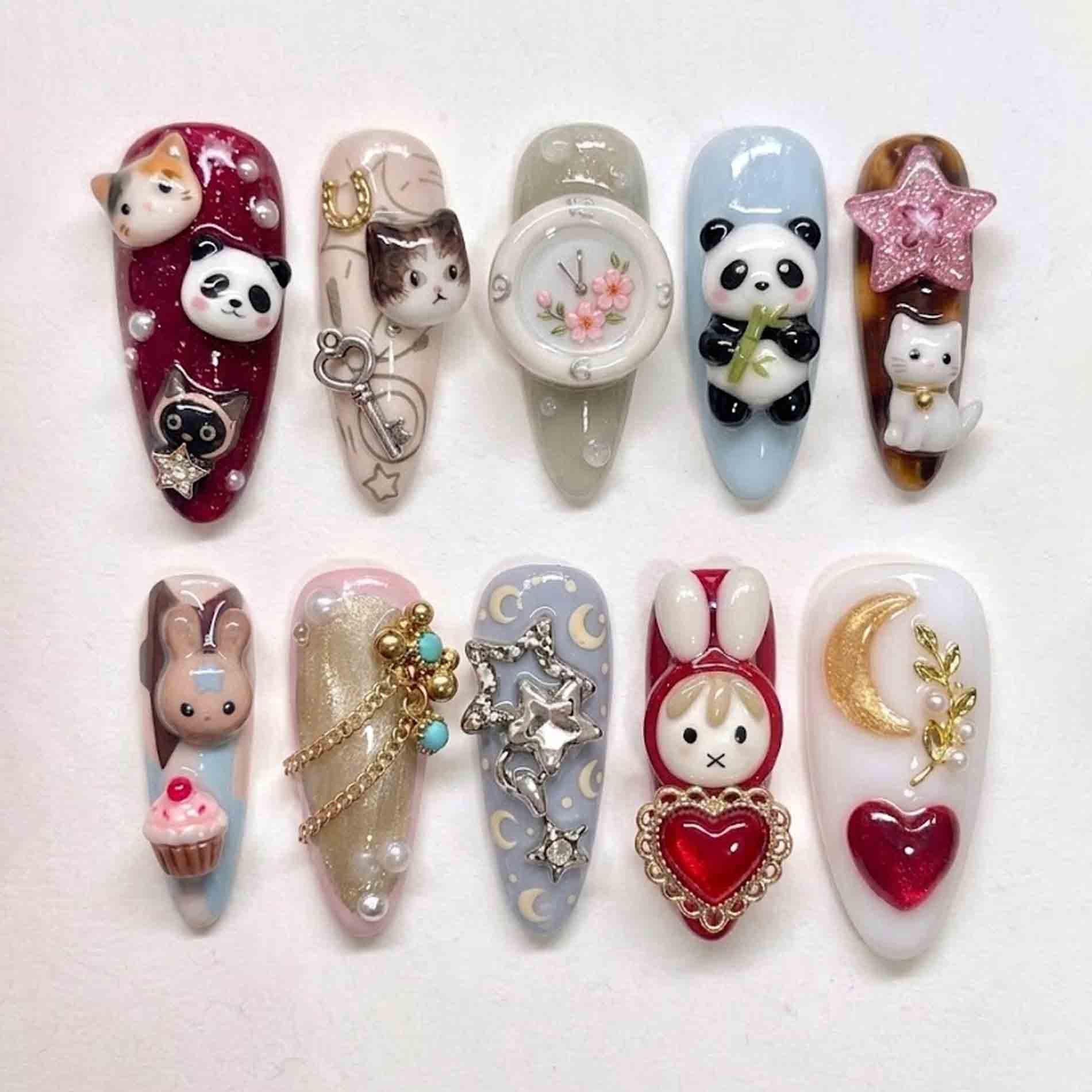 Handmade Cute Animal Press On Nails | 3D Sculpted Panda, Cat, Rabbit, Watch & Heart Design Long Stiletto For Kawaii Aesthetic von Etsy - HandmadeByDanaLukes