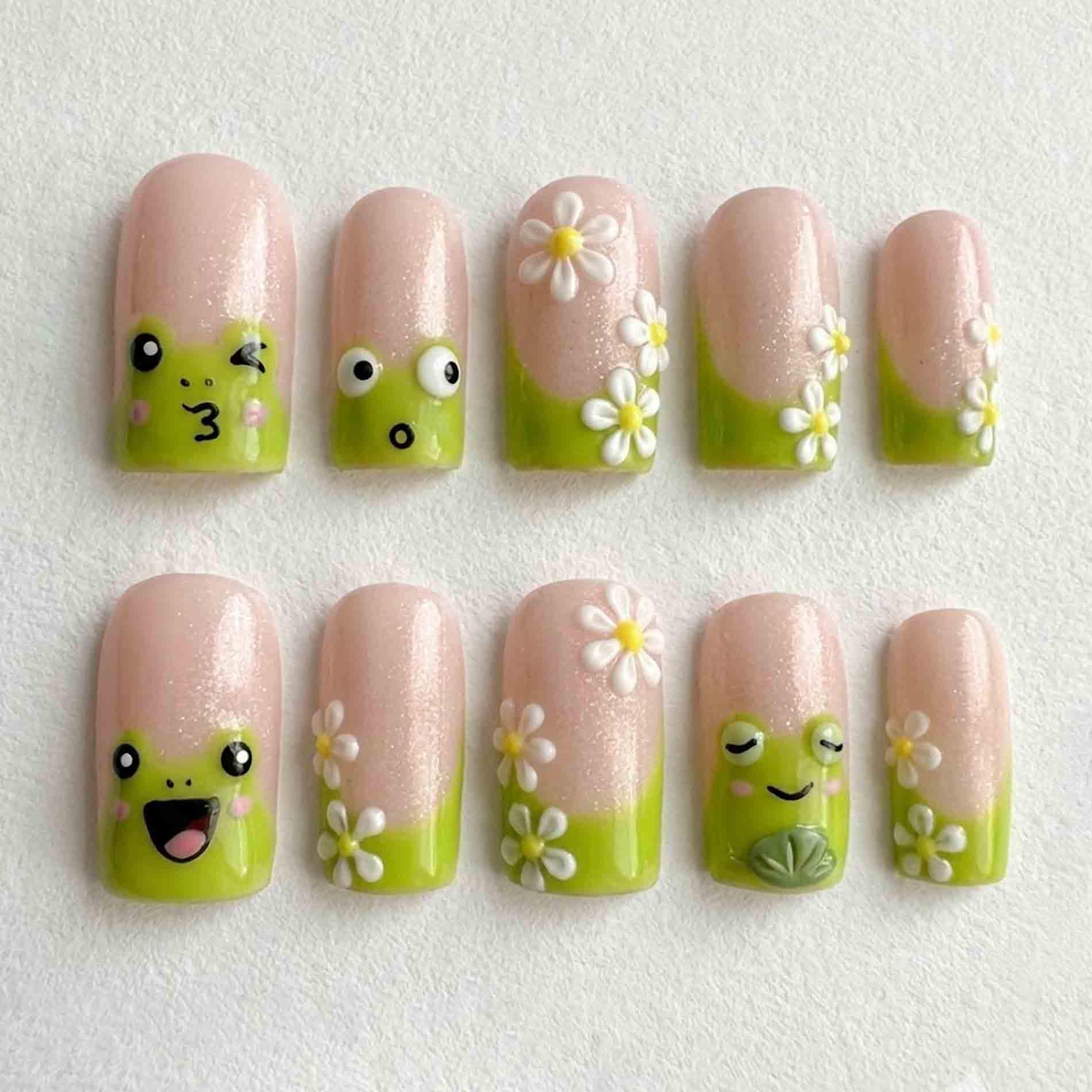 Handmade Cute Frog Press On Nails | 3D Sculpted Daisy & Face French Tip Short Square For Cottagecore Aesthetic von Etsy - HandmadeByDanaLukes