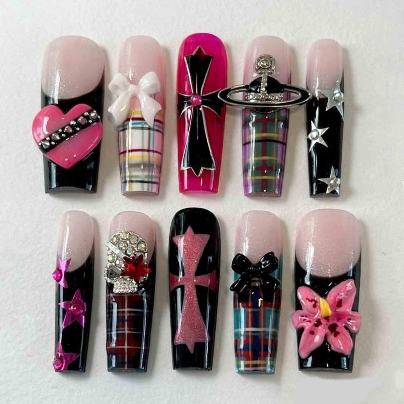 Handmade Cyber Punk Press On Nails | Cross, Bow, Plaid & Heart Design Long Square For Y2K Gothic Street Style Aesthetic von Etsy - HandmadeByDanaLukes