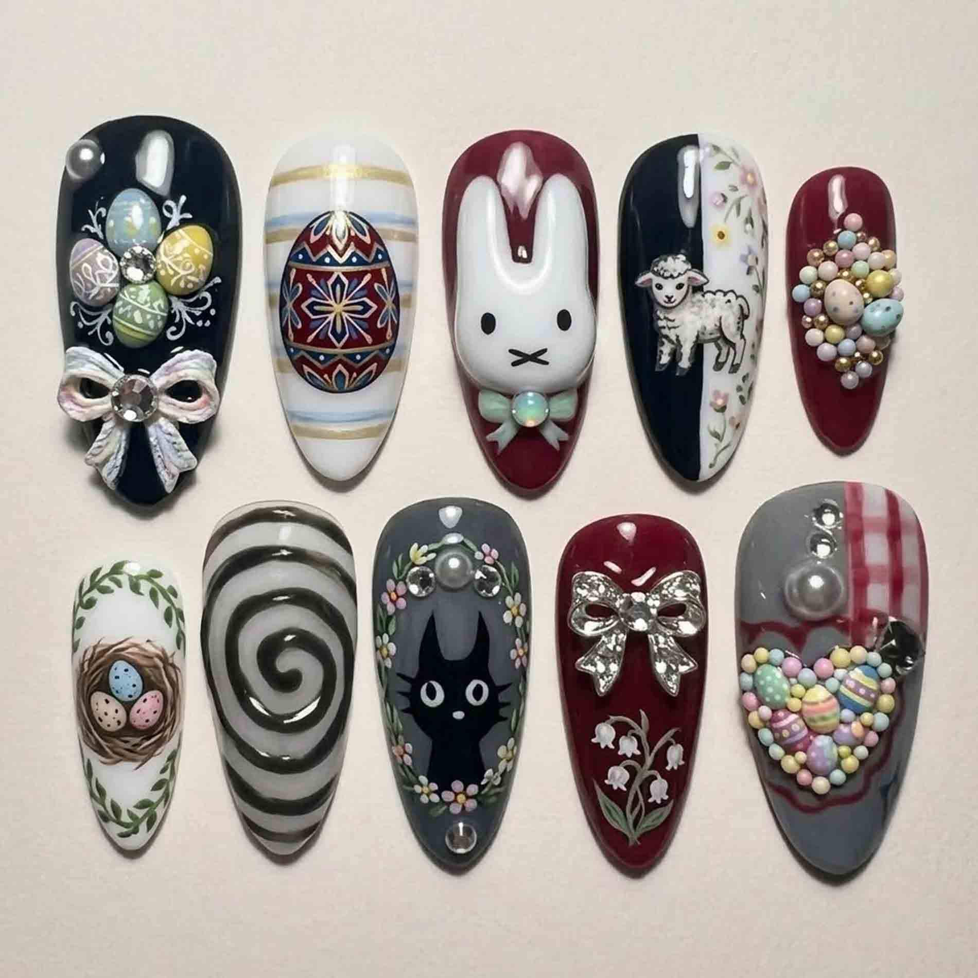 Handmade Easter Bunny Press On Nails | Egg, Lamb, Bow, Cat & Nest Design Almond For Cute Spring Aesthetic Look von Etsy - HandmadeByDanaLukes