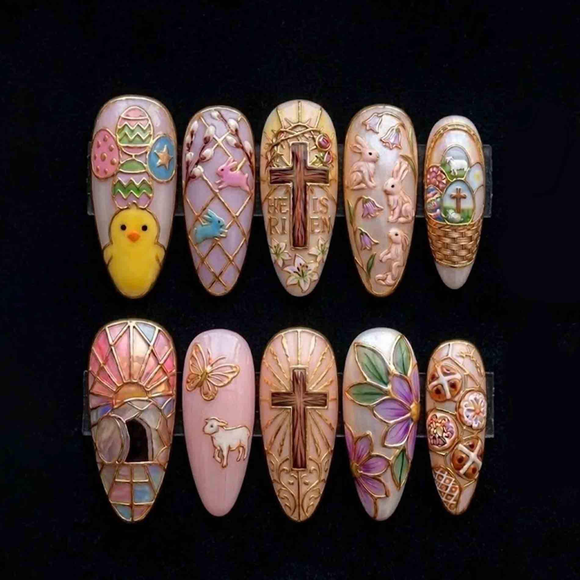 Handmade Easter Press On Nails | Cross, Bunny, Egg & Chick Accents Long Almond For Cute Spring Holiday Look von Etsy - HandmadeByDanaLukes