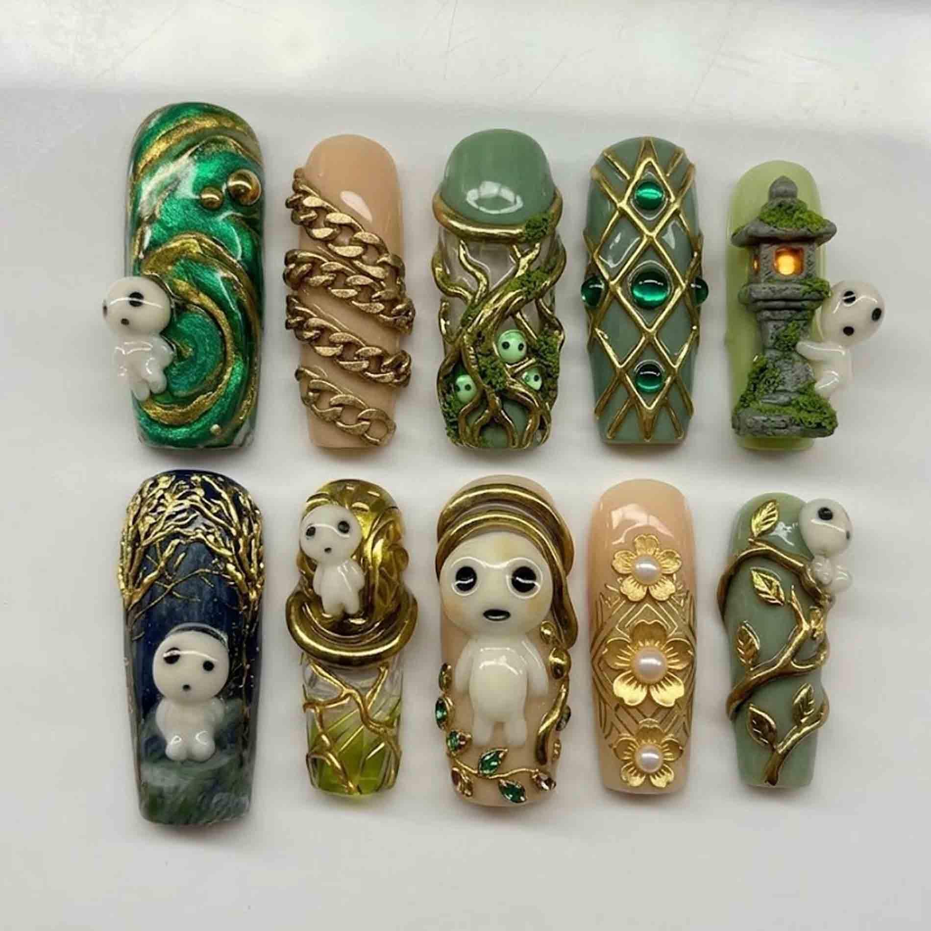 Handmade Enchanted Forest Press On Nails| 3D Spirits, Mossy Branches, Gold Chain Design | Square Nails For Whimsical Nature Aesthetic von Etsy - HandmadeByDanaLukes