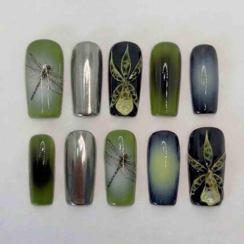 Handmade Ethereal Dragonfly Press-On Nails | 3D Orchid Art, Metallic Silver Chrome & Ombré Base Long Square For Mystical Forest Vibe von Etsy - HandmadeByDanaLukes