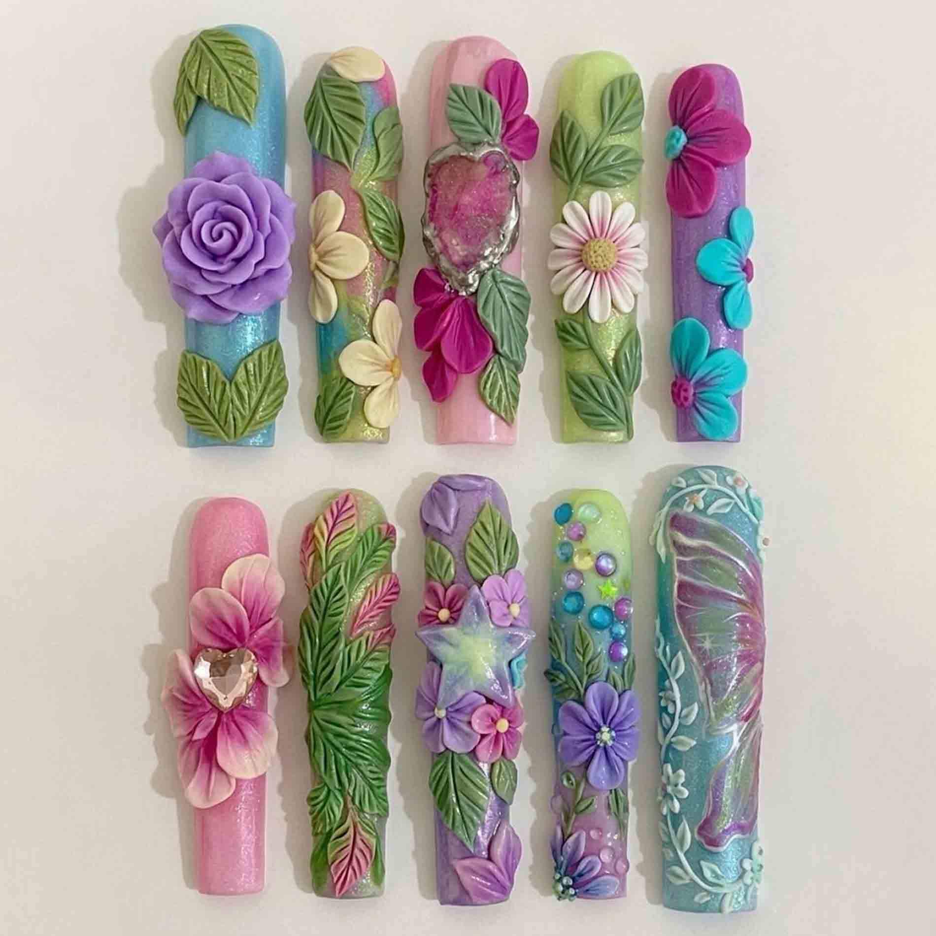 Handmade Fairy Garden Press On Nails | 3D Molded Flowers, Heart Crystal & Star Long Square For Enchanted Forest Vibe Handmade Fairy Garden Press On Nails | 3D Molded Flowers, Heart Crystal & Star Long Square For Enchanted Forest Vibe von Etsy - HandmadeByDanaLukes