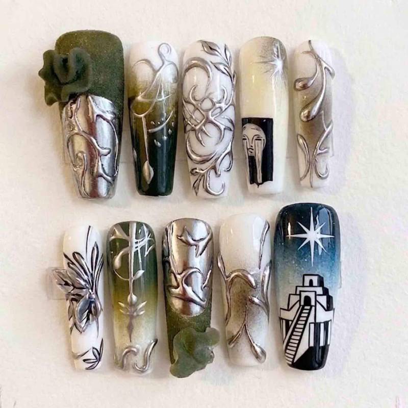 Handmade Fantasy Myth Press On Nails | Silver Relief Art, 3D Moss, Pyramid Painting Long Coffin For Edgy Ethereal Vibe Handmade Fantasy Myth Press On Nails | Silver Relief Art, 3D Moss, Pyramid Painting Long Coffin For Edgy Ethereal Vibe von Etsy - HandmadeByDanaLukes