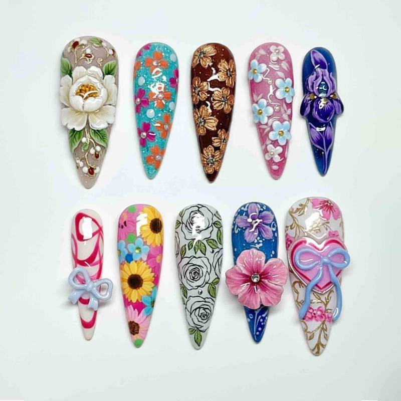 Handmade Floral Garden Press On Nails | 3D Rose, Sunflower, Hand-Painted Blossom Art Stiletto For Spring & Summer Events von Etsy - HandmadeByDanaLukes